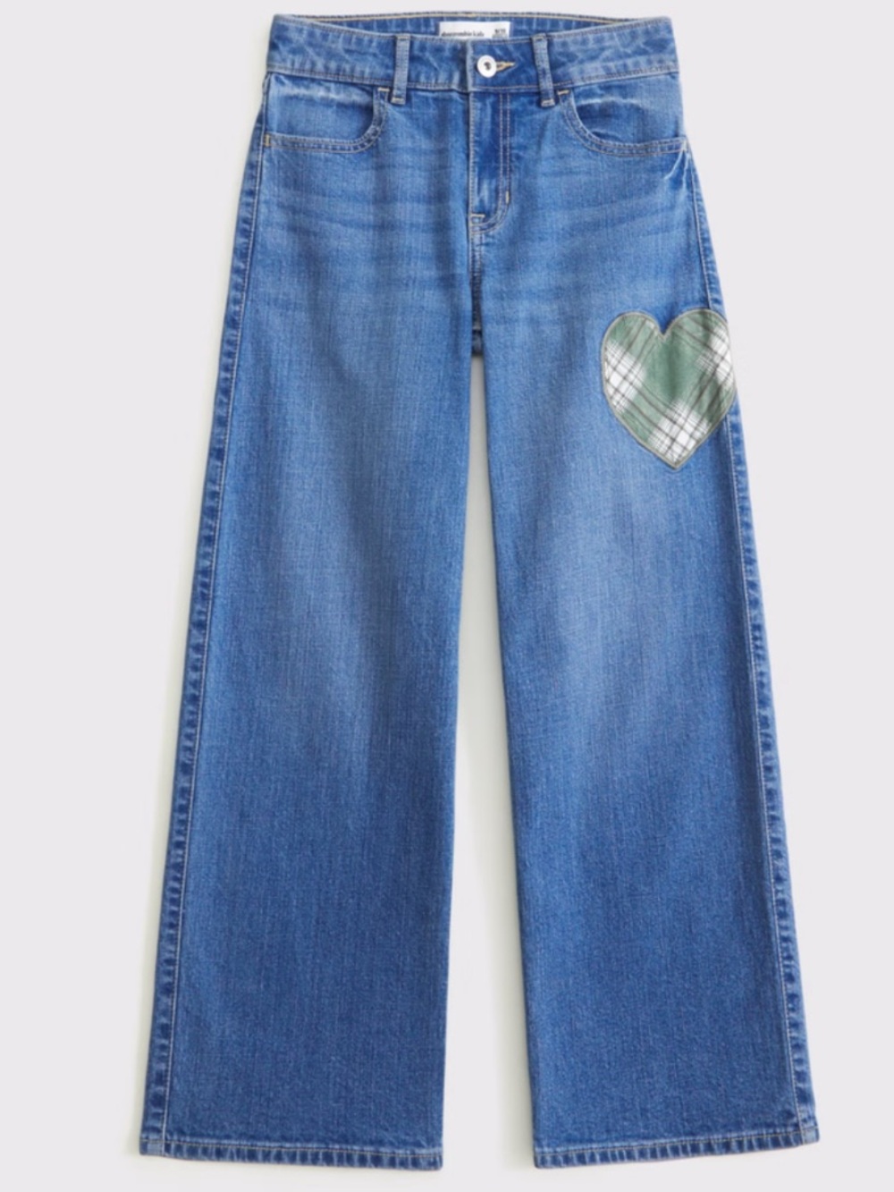 Abercrombie kids high rise Wide-Leg Blue Jeans with Green Heart Patch